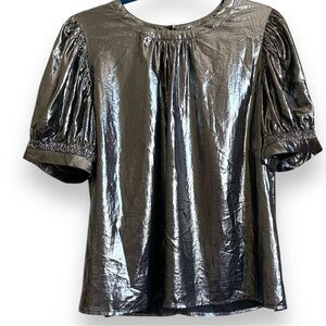Current Air Women’s Round Neck Puff Sleeve Gun Metallic Silver Blouse NWT